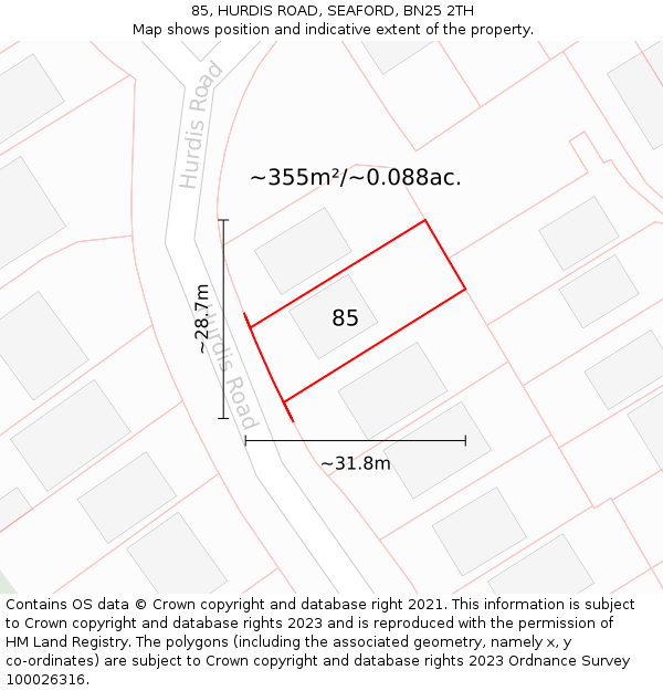 85, HURDIS ROAD, SEAFORD, BN25 2TH: Plot and title map
