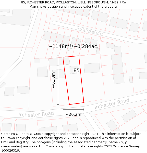 85, IRCHESTER ROAD, WOLLASTON, WELLINGBOROUGH, NN29 7RW: Plot and title map