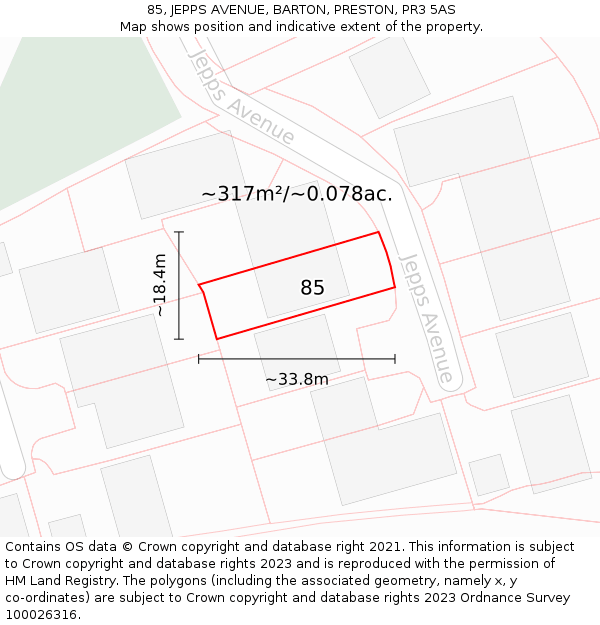 85, JEPPS AVENUE, BARTON, PRESTON, PR3 5AS: Plot and title map