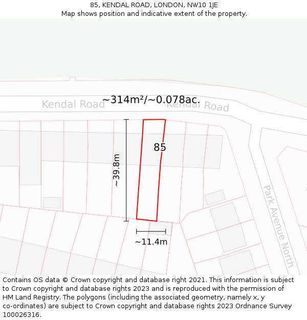85, KENDAL ROAD, LONDON, NW10 1JE: Plot and title map