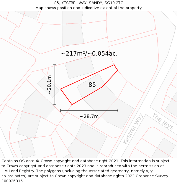 85, KESTREL WAY, SANDY, SG19 2TG: Plot and title map