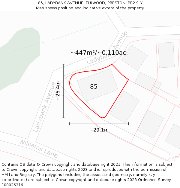 85, LADYBANK AVENUE, FULWOOD, PRESTON, PR2 9LY: Plot and title map
