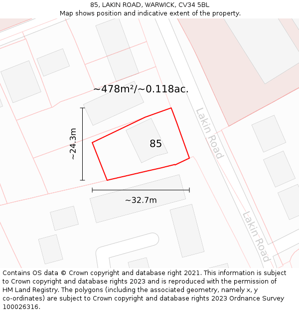 85, LAKIN ROAD, WARWICK, CV34 5BL: Plot and title map