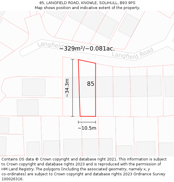 85, LANGFIELD ROAD, KNOWLE, SOLIHULL, B93 9PS: Plot and title map