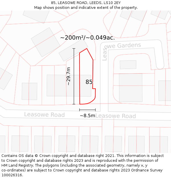 85, LEASOWE ROAD, LEEDS, LS10 2EY: Plot and title map