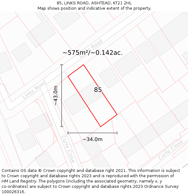 85, LINKS ROAD, ASHTEAD, KT21 2HL: Plot and title map