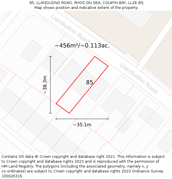 85, LLANDUDNO ROAD, RHOS ON SEA, COLWYN BAY, LL28 4PJ: Plot and title map
