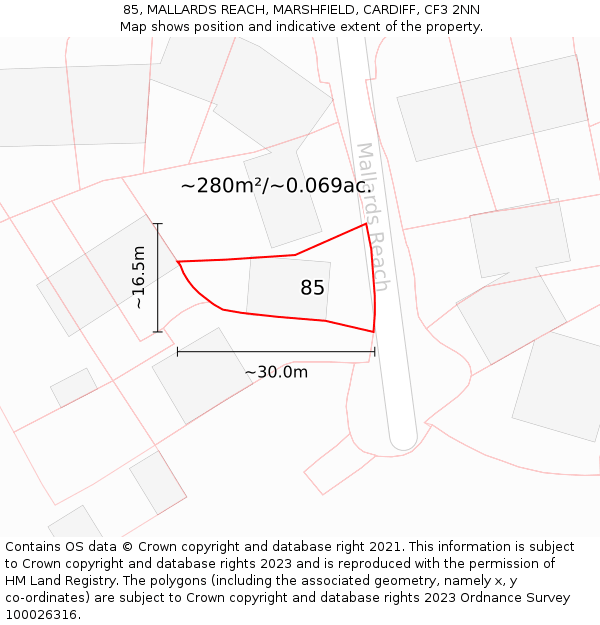 85, MALLARDS REACH, MARSHFIELD, CARDIFF, CF3 2NN: Plot and title map