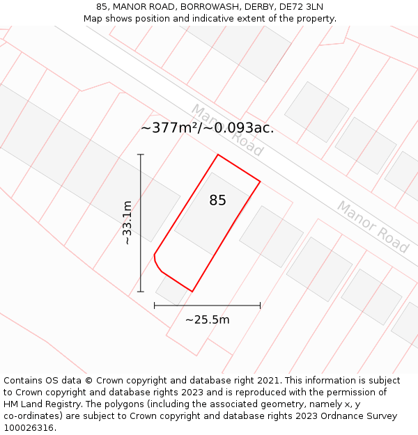 85, MANOR ROAD, BORROWASH, DERBY, DE72 3LN: Plot and title map