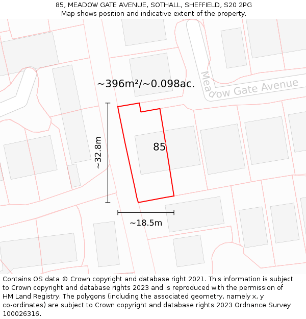 85, MEADOW GATE AVENUE, SOTHALL, SHEFFIELD, S20 2PG: Plot and title map