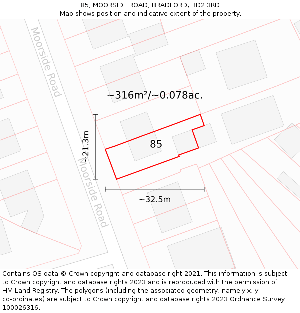85, MOORSIDE ROAD, BRADFORD, BD2 3RD: Plot and title map