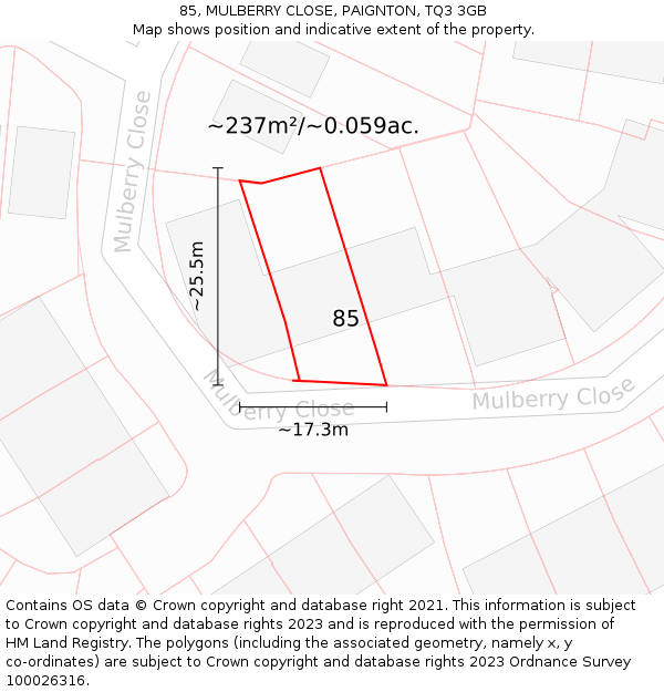 85, MULBERRY CLOSE, PAIGNTON, TQ3 3GB: Plot and title map