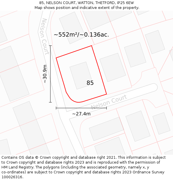 85, NELSON COURT, WATTON, THETFORD, IP25 6EW: Plot and title map