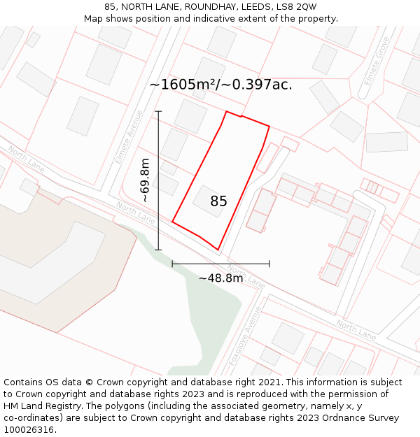 85, NORTH LANE, ROUNDHAY, LEEDS, LS8 2QW: Plot and title map