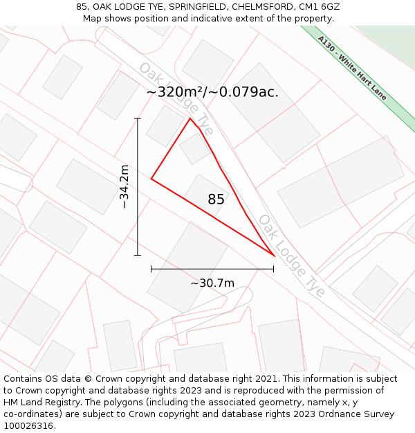 85, OAK LODGE TYE, SPRINGFIELD, CHELMSFORD, CM1 6GZ: Plot and title map