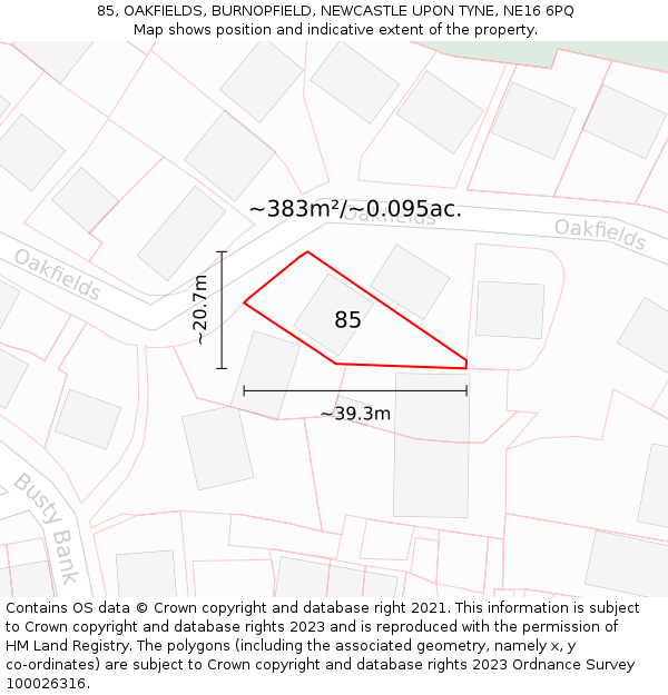 85, OAKFIELDS, BURNOPFIELD, NEWCASTLE UPON TYNE, NE16 6PQ: Plot and title map