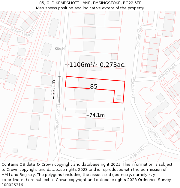 85, OLD KEMPSHOTT LANE, BASINGSTOKE, RG22 5EP: Plot and title map