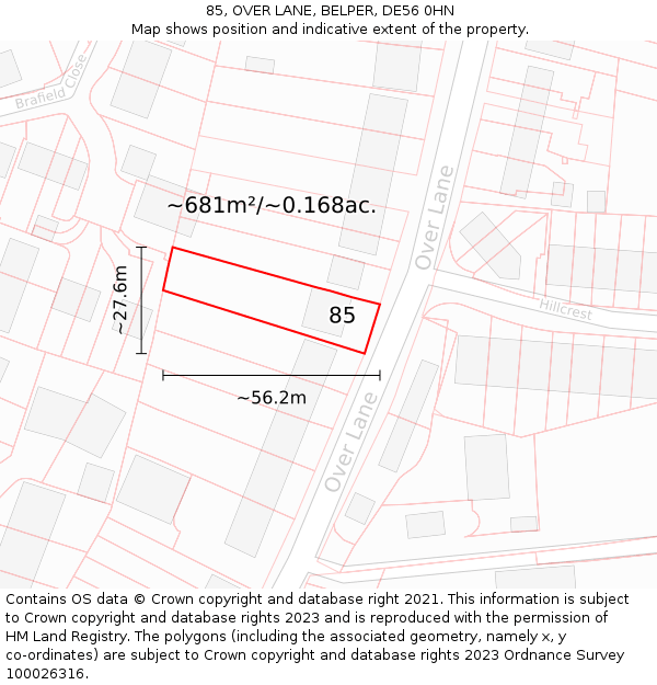 85, OVER LANE, BELPER, DE56 0HN: Plot and title map