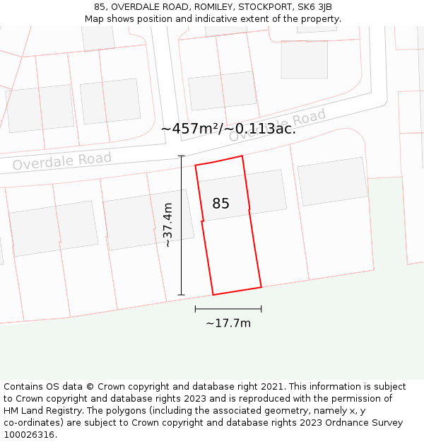 85, OVERDALE ROAD, ROMILEY, STOCKPORT, SK6 3JB: Plot and title map