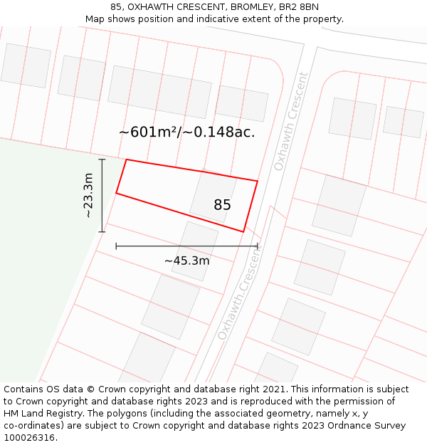 85, OXHAWTH CRESCENT, BROMLEY, BR2 8BN: Plot and title map