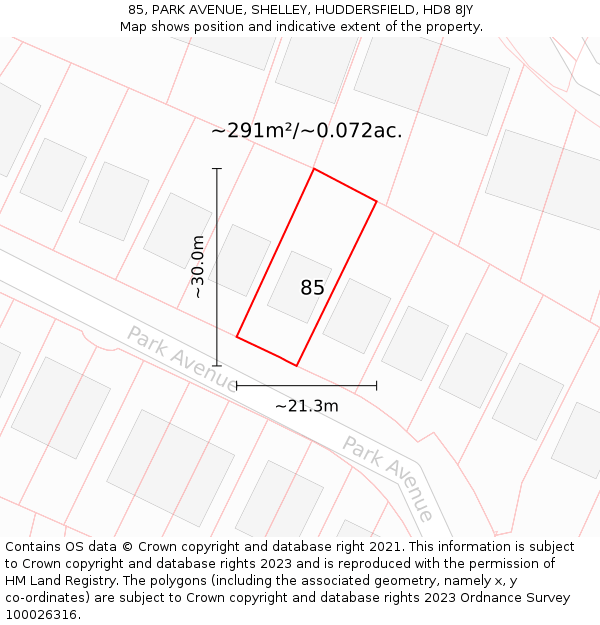 85, PARK AVENUE, SHELLEY, HUDDERSFIELD, HD8 8JY: Plot and title map