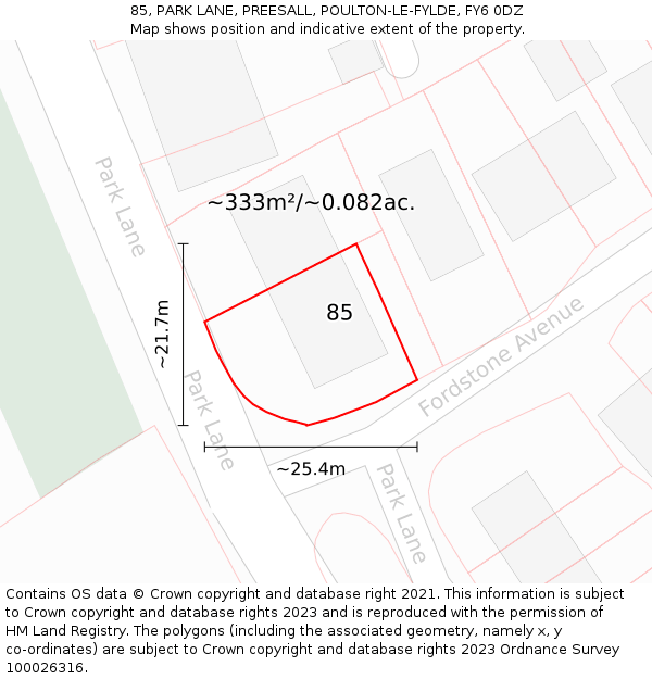 85, PARK LANE, PREESALL, POULTON-LE-FYLDE, FY6 0DZ: Plot and title map