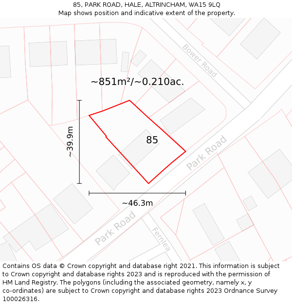 85, PARK ROAD, HALE, ALTRINCHAM, WA15 9LQ: Plot and title map