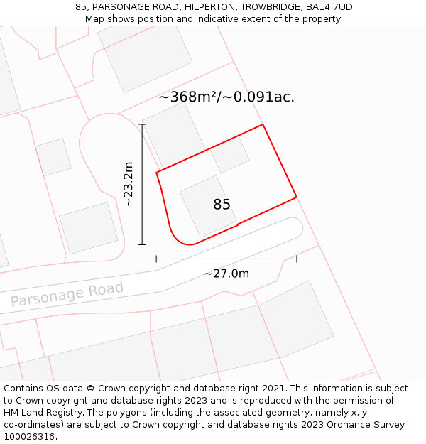 85, PARSONAGE ROAD, HILPERTON, TROWBRIDGE, BA14 7UD: Plot and title map