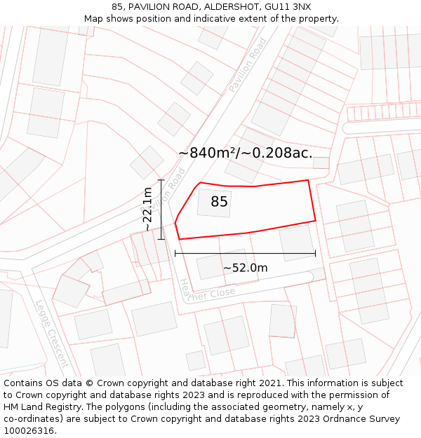 85, PAVILION ROAD, ALDERSHOT, GU11 3NX: Plot and title map