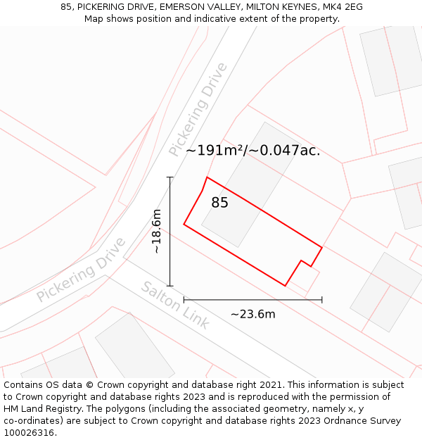 85, PICKERING DRIVE, EMERSON VALLEY, MILTON KEYNES, MK4 2EG: Plot and title map