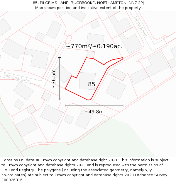 85, PILGRIMS LANE, BUGBROOKE, NORTHAMPTON, NN7 3PJ: Plot and title map