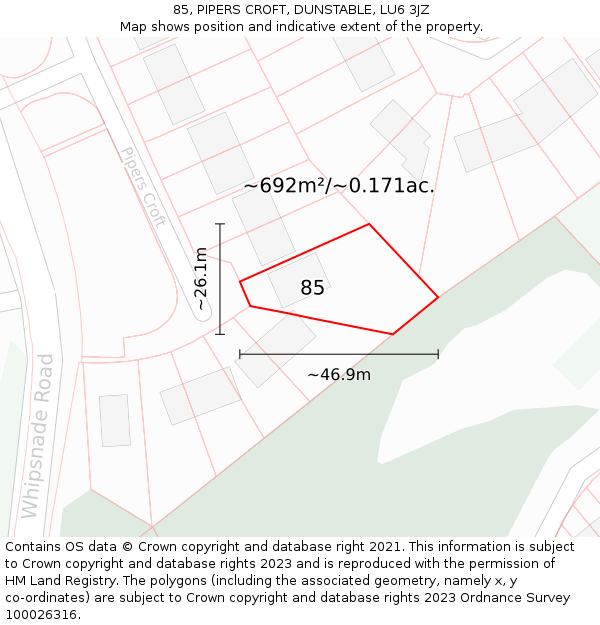85, PIPERS CROFT, DUNSTABLE, LU6 3JZ: Plot and title map