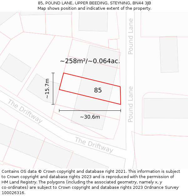 85, POUND LANE, UPPER BEEDING, STEYNING, BN44 3JB: Plot and title map