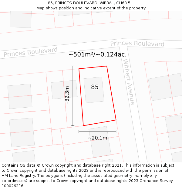 85, PRINCES BOULEVARD, WIRRAL, CH63 5LL: Plot and title map