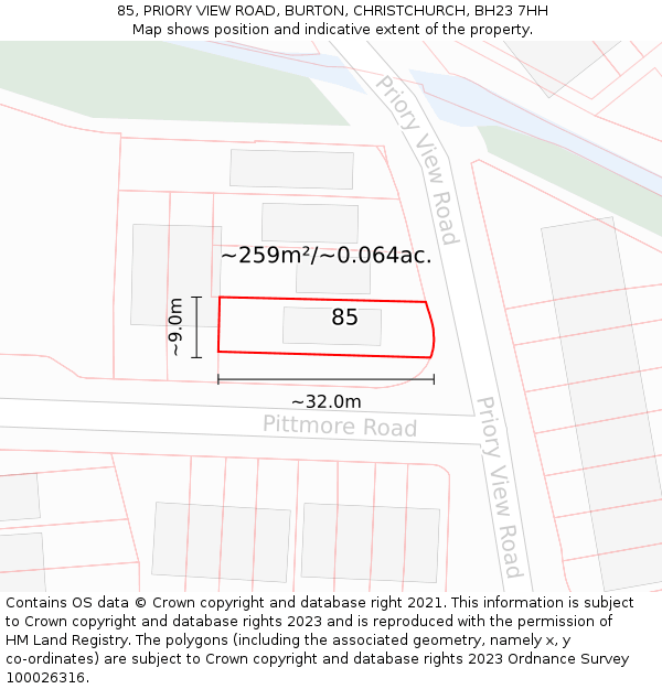 85, PRIORY VIEW ROAD, BURTON, CHRISTCHURCH, BH23 7HH: Plot and title map