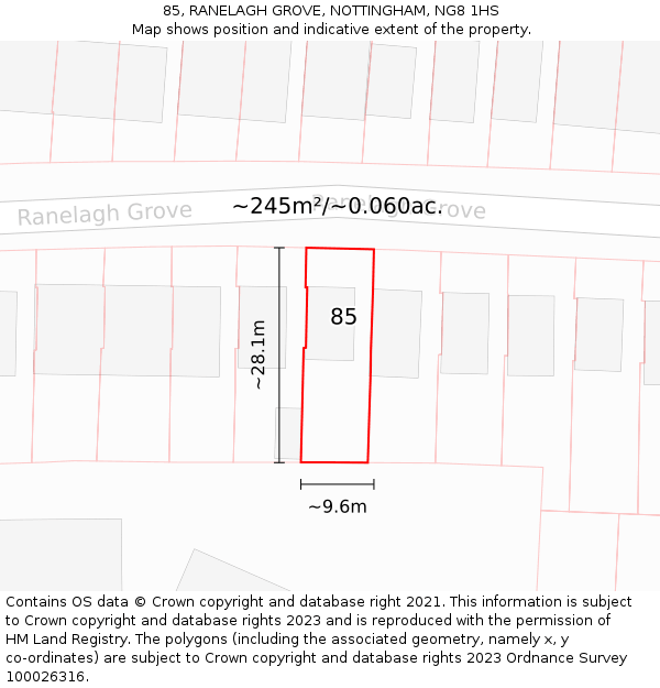 85, RANELAGH GROVE, NOTTINGHAM, NG8 1HS: Plot and title map