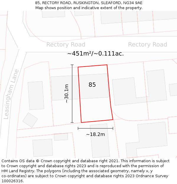 85, RECTORY ROAD, RUSKINGTON, SLEAFORD, NG34 9AE: Plot and title map