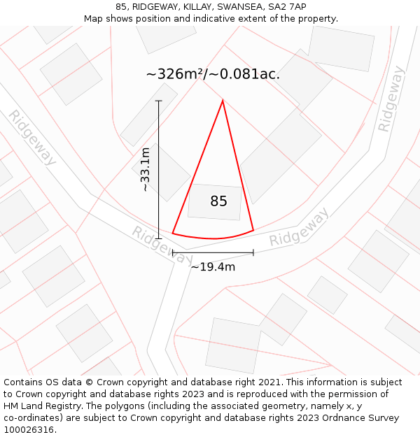 85, RIDGEWAY, KILLAY, SWANSEA, SA2 7AP: Plot and title map