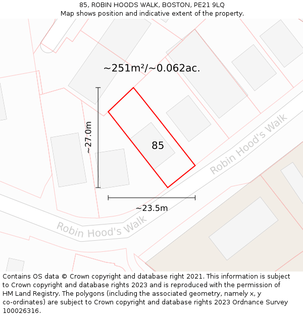 85, ROBIN HOODS WALK, BOSTON, PE21 9LQ: Plot and title map