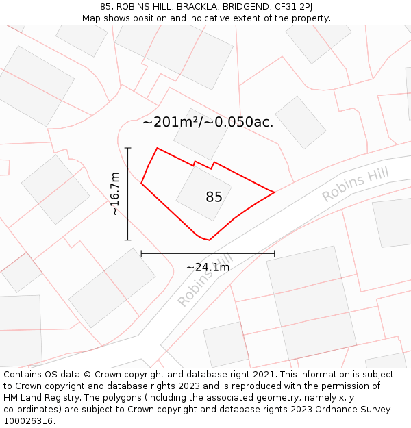 85, ROBINS HILL, BRACKLA, BRIDGEND, CF31 2PJ: Plot and title map