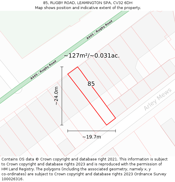 85, RUGBY ROAD, LEAMINGTON SPA, CV32 6DH: Plot and title map