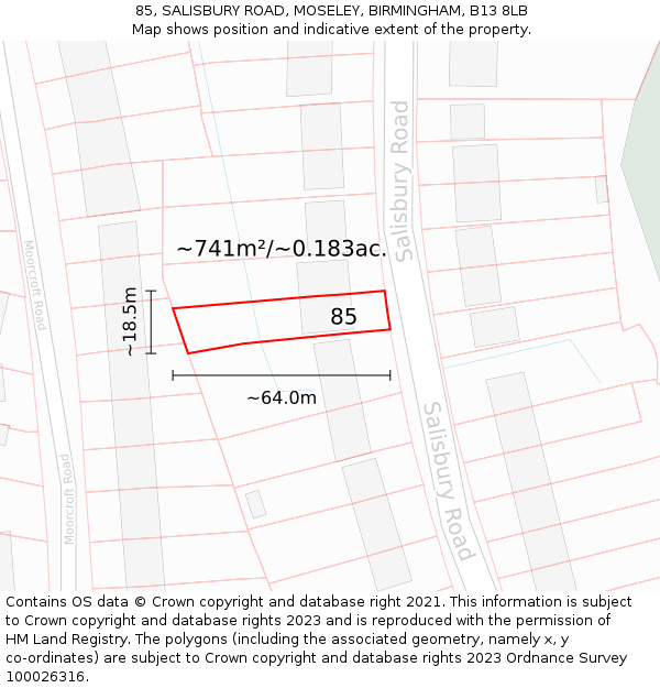 85, SALISBURY ROAD, MOSELEY, BIRMINGHAM, B13 8LB: Plot and title map