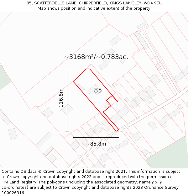 85, SCATTERDELLS LANE, CHIPPERFIELD, KINGS LANGLEY, WD4 9EU: Plot and title map