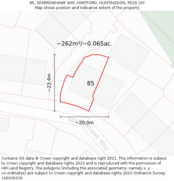 85, SPARROWHAWK WAY, HARTFORD, HUNTINGDON, PE29 1XY: Plot and title map