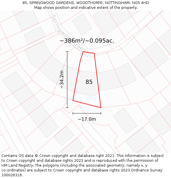 85, SPRINGWOOD GARDENS, WOODTHORPE, NOTTINGHAM, NG5 4HD: Plot and title map