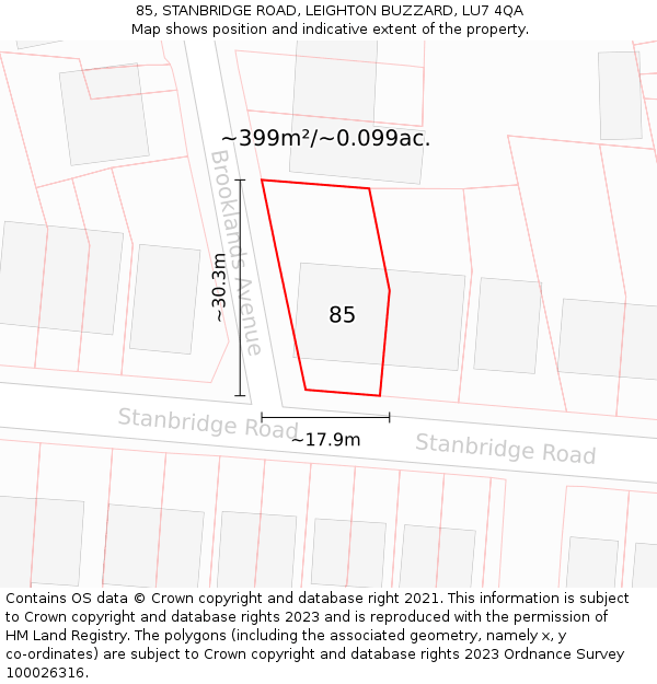 85, STANBRIDGE ROAD, LEIGHTON BUZZARD, LU7 4QA: Plot and title map