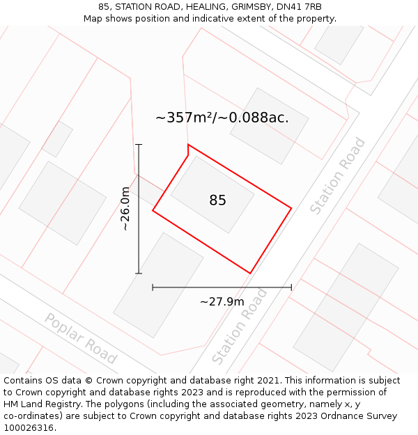 85, STATION ROAD, HEALING, GRIMSBY, DN41 7RB: Plot and title map