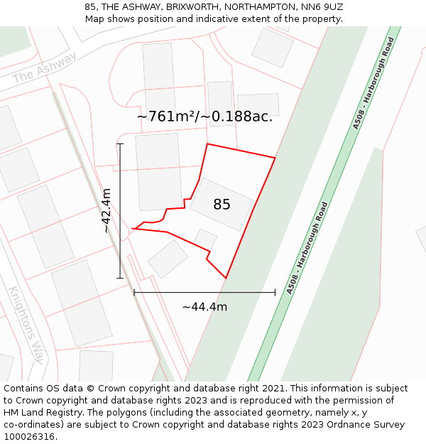 85, THE ASHWAY, BRIXWORTH, NORTHAMPTON, NN6 9UZ: Plot and title map
