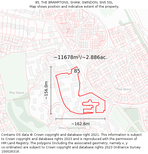 85, THE BRAMPTONS, SHAW, SWINDON, SN5 5SL: Plot and title map