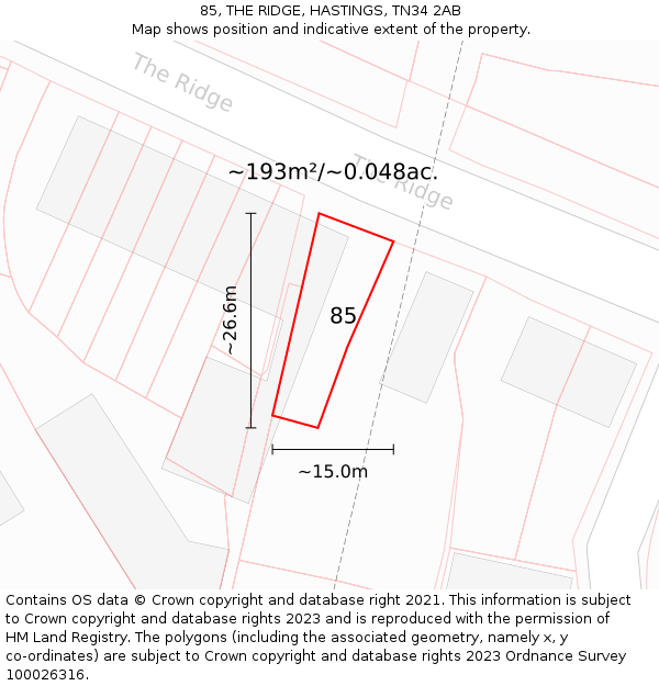 85, THE RIDGE, HASTINGS, TN34 2AB: Plot and title map